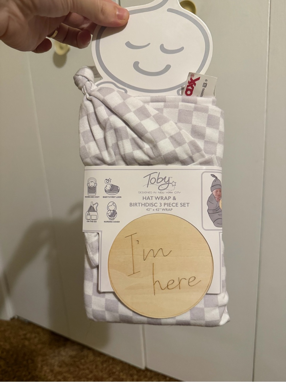 Toby Baby Gray Check Hat Wrap & Birthdisc 3-Piece Set - Gray